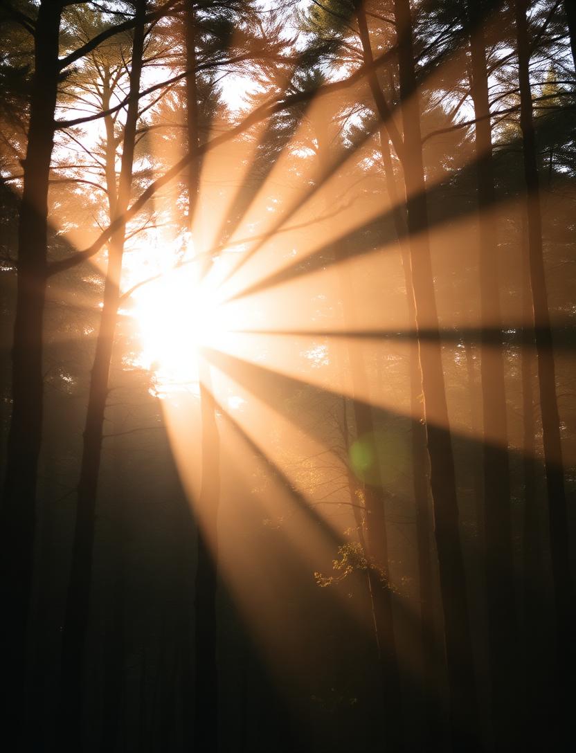 Soft sunlight through a misty forest canopy